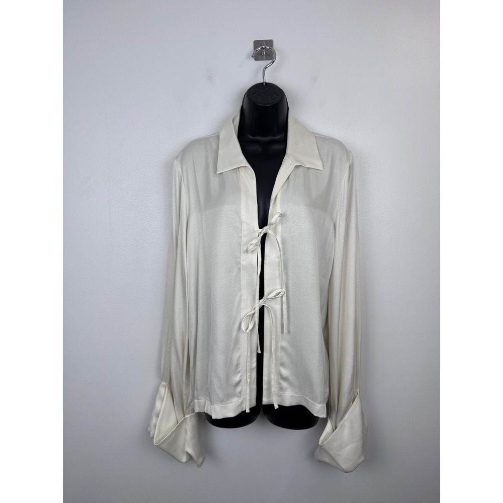 NWT Djerf Avenue Women Cloud Occasion Top Tie Front Long Sleeve Blouse XL